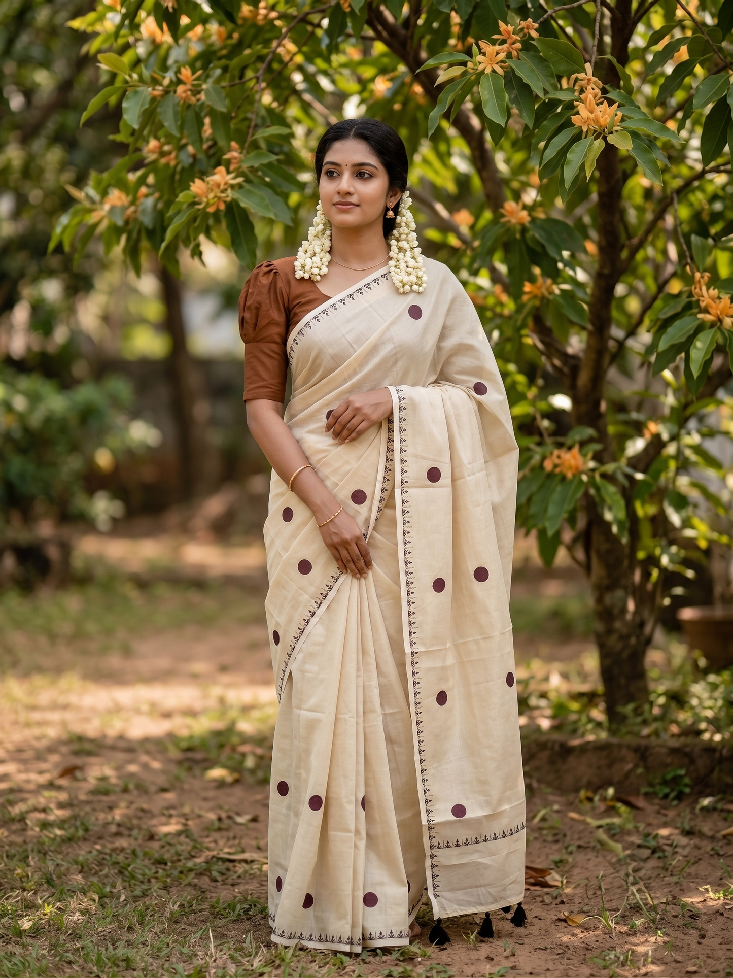 Southloom Kerala Tissue Kasavu Plain Saree with Brown Polka Dots On Body SL537