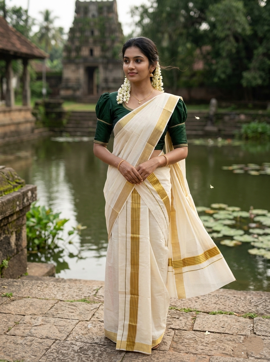 Southloom Pure Cotton Kerala Kasavu  Set Mundu (Mundum Neriyathum) Kasavu & Green Border in 2.80 Mtrs