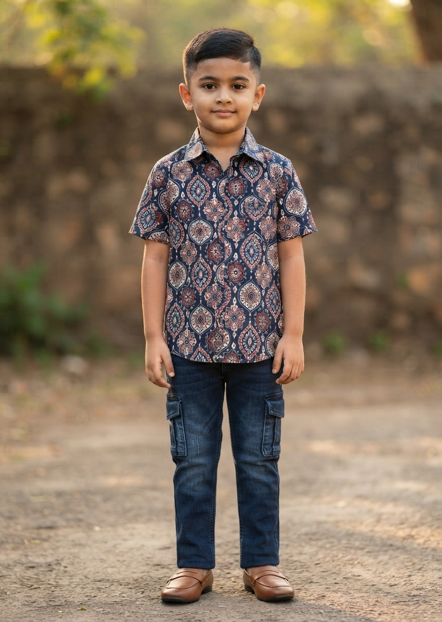Southloom Pure Cotton Jaipur Printed Shirt For Kids Half Sleeves SL607