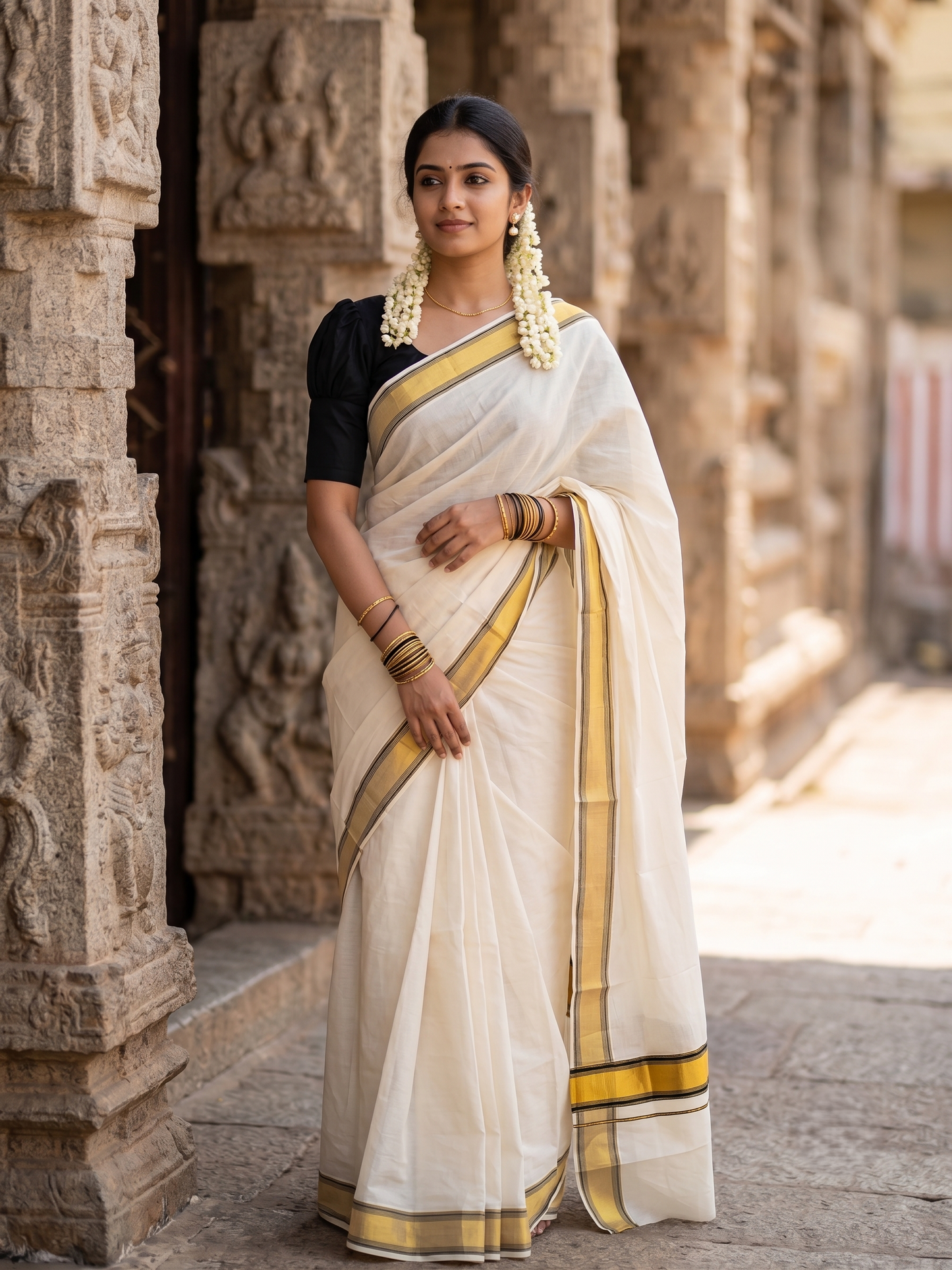 Southloom Kerala Cotton Kasavu Saree with Black Border
