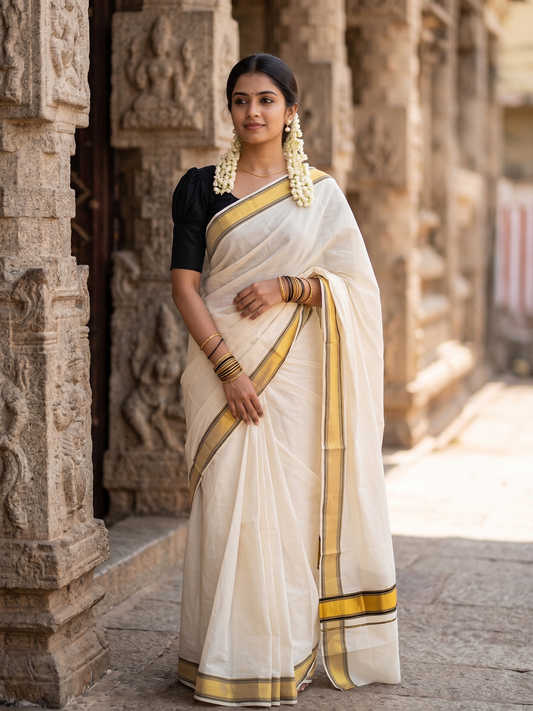 Southloom Kerala Cotton Kasavu Saree with Black Border