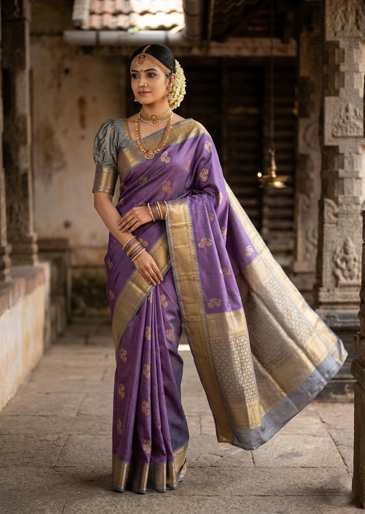 Southloom Pure Handloom Bridal Kanchipuram Silk Saree with Korvai Work (Grey & Lavander)