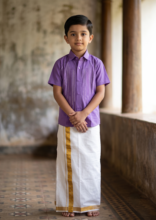 Southloom Cotton Stone Work Kids's Combo (Shirt + Velcro Mundu) SLKCOMBO