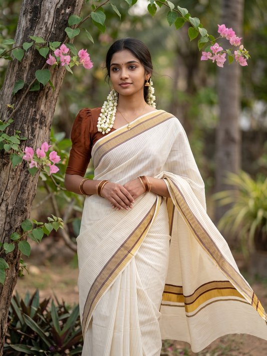 Southloom Kerala Cotton Kasavu Saree with Stripes on Body in Brown Border SL356