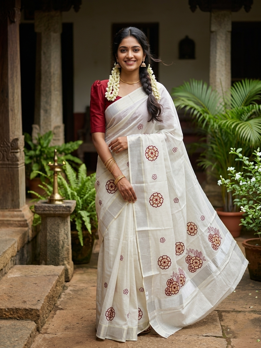 Southloom Kerala Silver Tissue Saree with Red Flower Embroidery Work