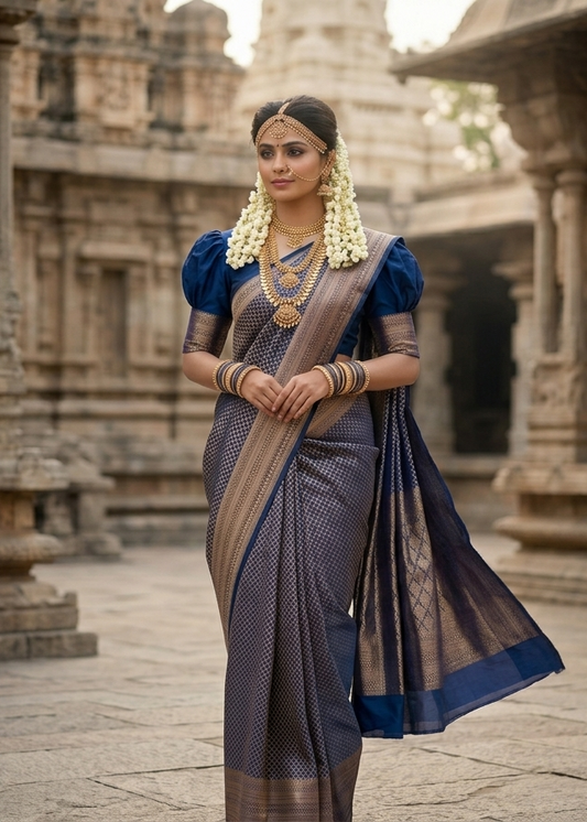 Southloom Premium Semi Silk Zari Work Bridal Brocade Saree in Blue with Matching Pallu