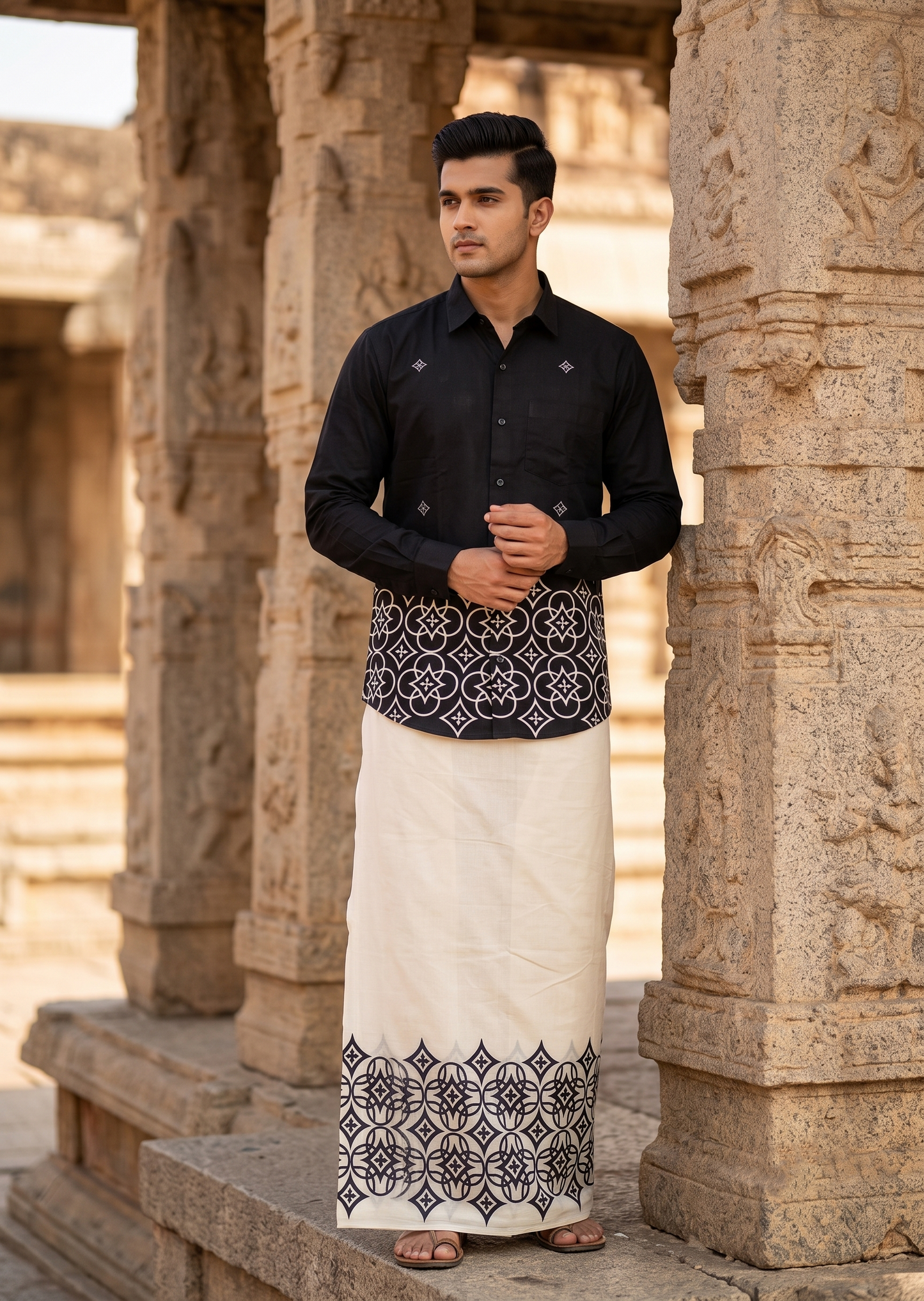 Southloom Cotton printed Black Men's Combo  (Shirt + Mundu) SL578