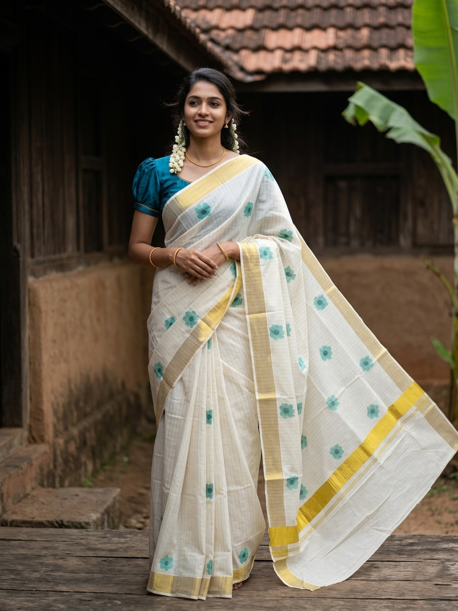 Southloom Onam Special Kasavu Lines Saree with Digital Printed Classy Floral Designs in Blue (Printed Matching Blouse Included)