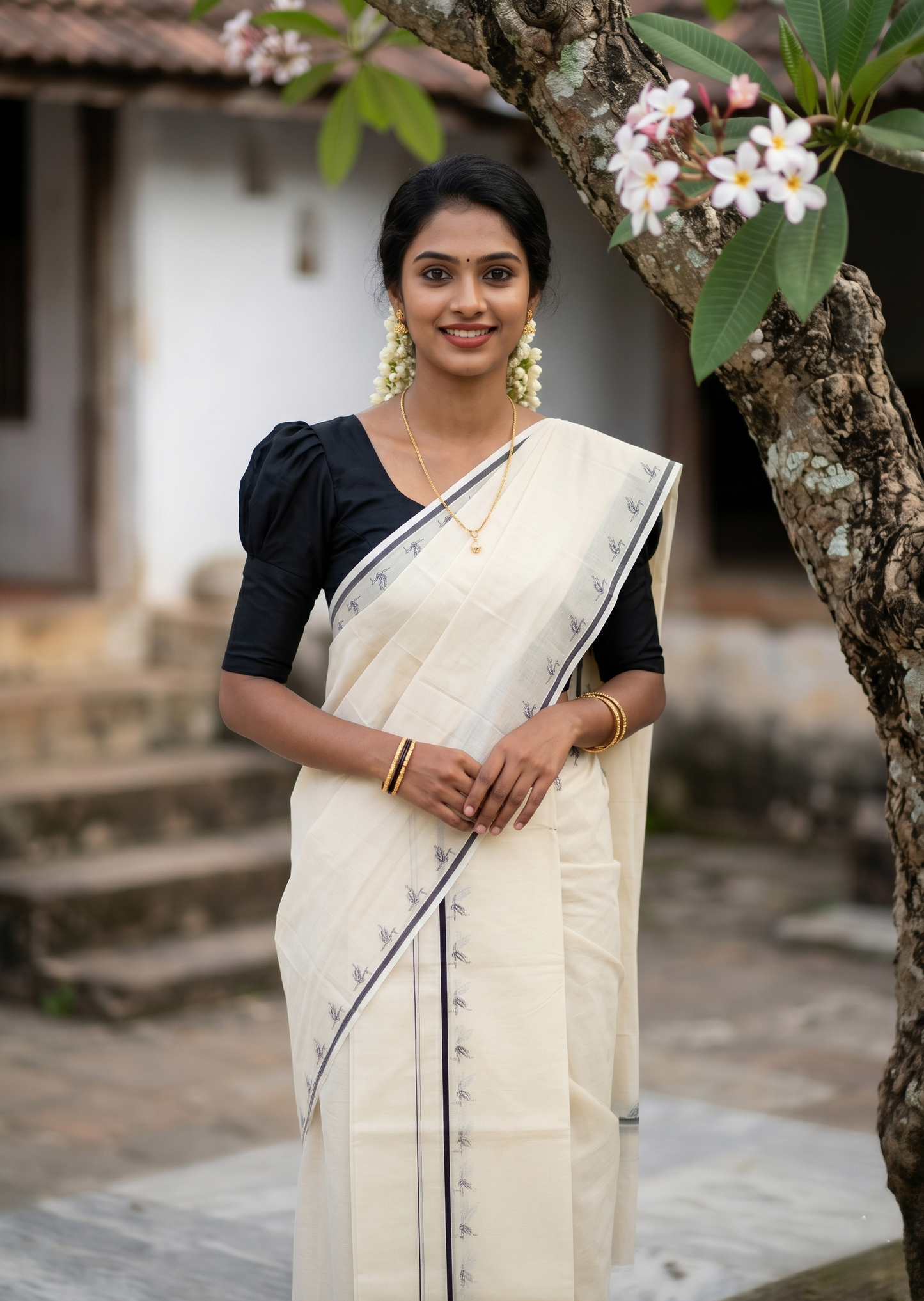 Southloom Pure Cotton Kerala Single Set Mundu (Mundum Neriyathum) with Digital Prints in Black 2.80 Mtrs SL359