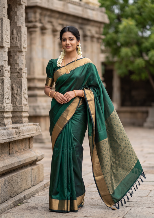 Southloom Silk Saree with Plain Body And Paisley Border in Green SL552