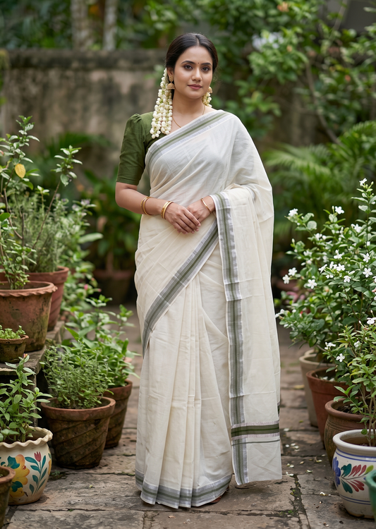 Southloom Kerala Pure Cotton Plain Saree with Silver Kasavu and Olive Green Line Border