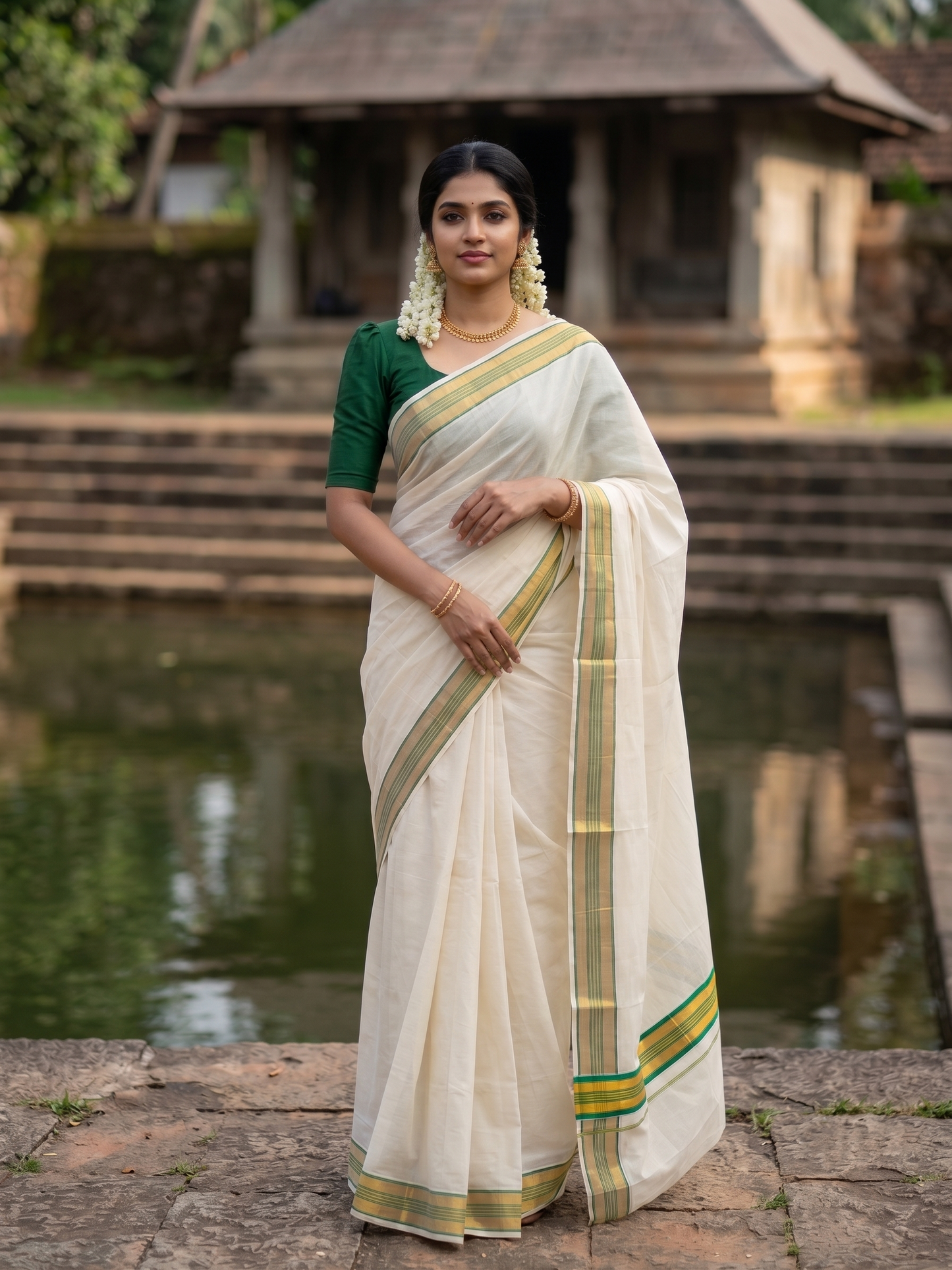 Southloom Kerala Cotton Kasavu Saree with Green Border