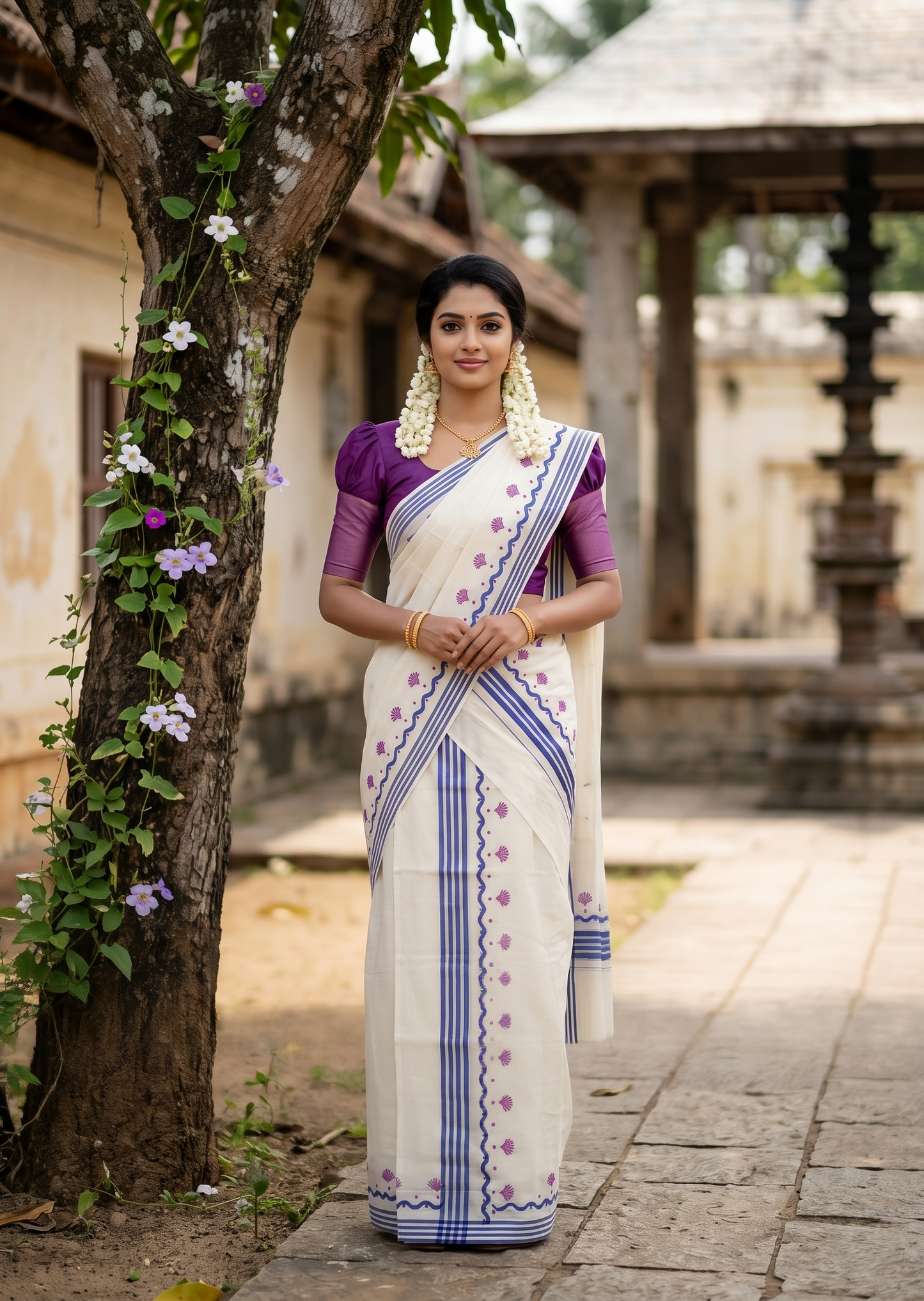 Southloom Kerala Mulloth Cotton Single Mundum Neriyathum with Digital Prints in Purple 2.75 Mtrs SL372