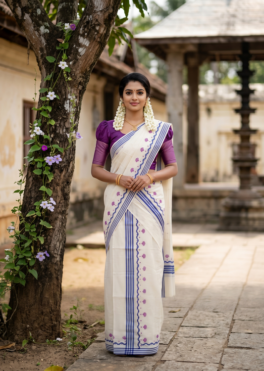 Southloom Kerala Mulloth Cotton Single Mundum Neriyathum with Digital Prints in Purple 2.75 Mtrs SL372