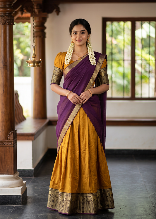 Southloom Semi Stitched Narayanpet Dhavani Set with Pavada and Mustard Yellow Blouse Piece SLDHAVANI SL541