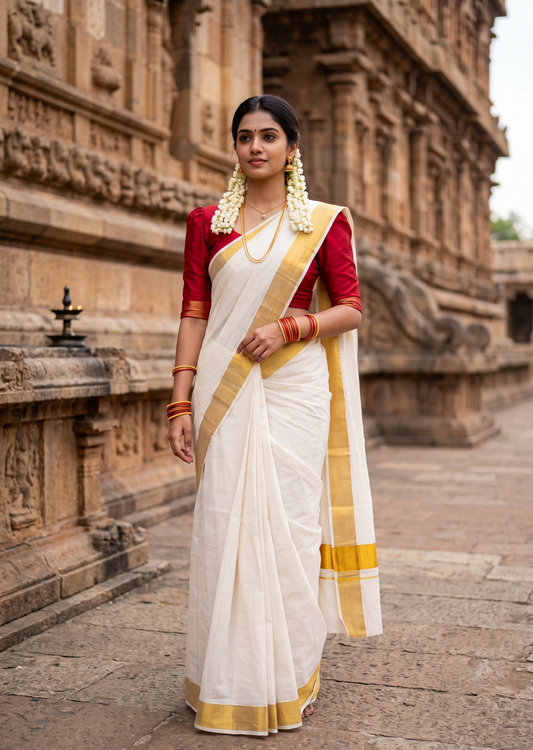 Southloom Super Premium Balaramapuram Handloom Cotton Saree With Chutti Kara Design And Gold Kasavu on Border In 3 Inch
