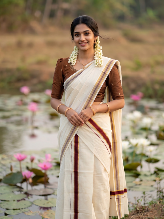 Pure Cotton Kerala Single Set Mundu (Mundum Neriyathum) with Brown and Kasavu Border 2.80 Mtrs SLKK SL470