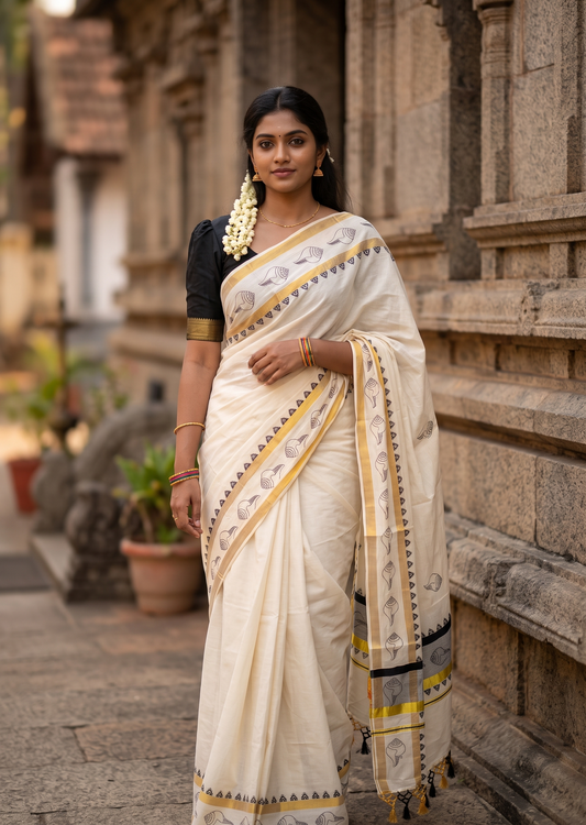 Southloom Cotton Kerala Kasavu Saree with Digital Print on Body With Temple Borders in Black SL519