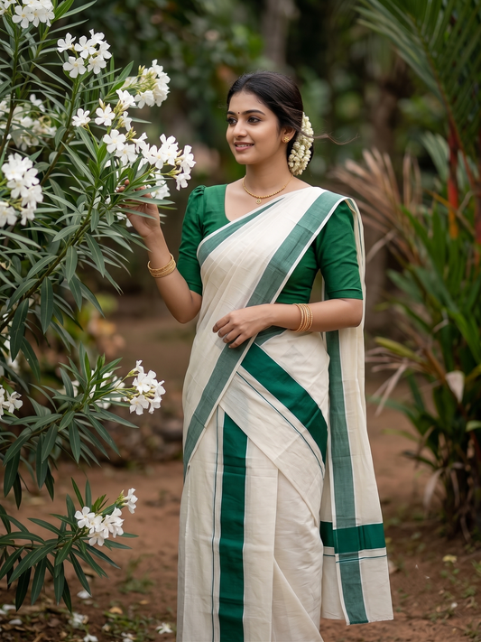 Southloom Kerala Cotton Mundum Neriyathum Single (Set Mundu) with Green Border 2.80 Mtrs