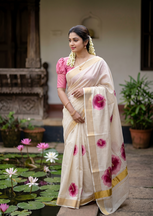 Southloom Kerala Tissue Kasavu Saree with Pink Floral Embroidery Design on Body SL434