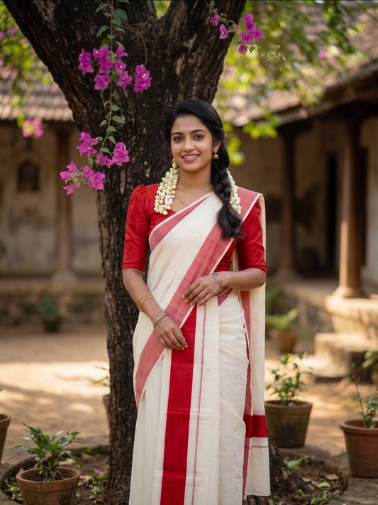Southloom Kerala Cotton Mundum Neriyathum Single (Set Mundu) with Katti Kara in Red 2.80 Mtrs SL004