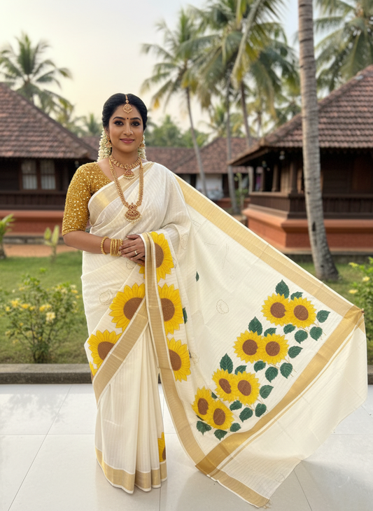 Southloom Kerala Cotton Kasavu Lines Saree with Embroidery Work in Yellow Floral Print