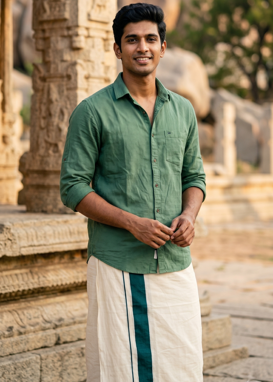 Southloom Kerala Pure Cotton Double Mundu with Green Border (South Indian Kerala Dhoti)