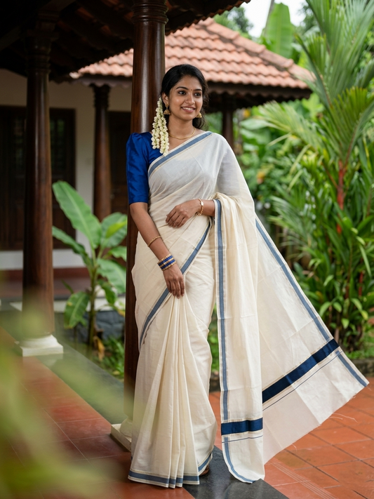 Kerala Pure Cotton Plain Saree with Silver Kasavu and Dark Teal Blue Border