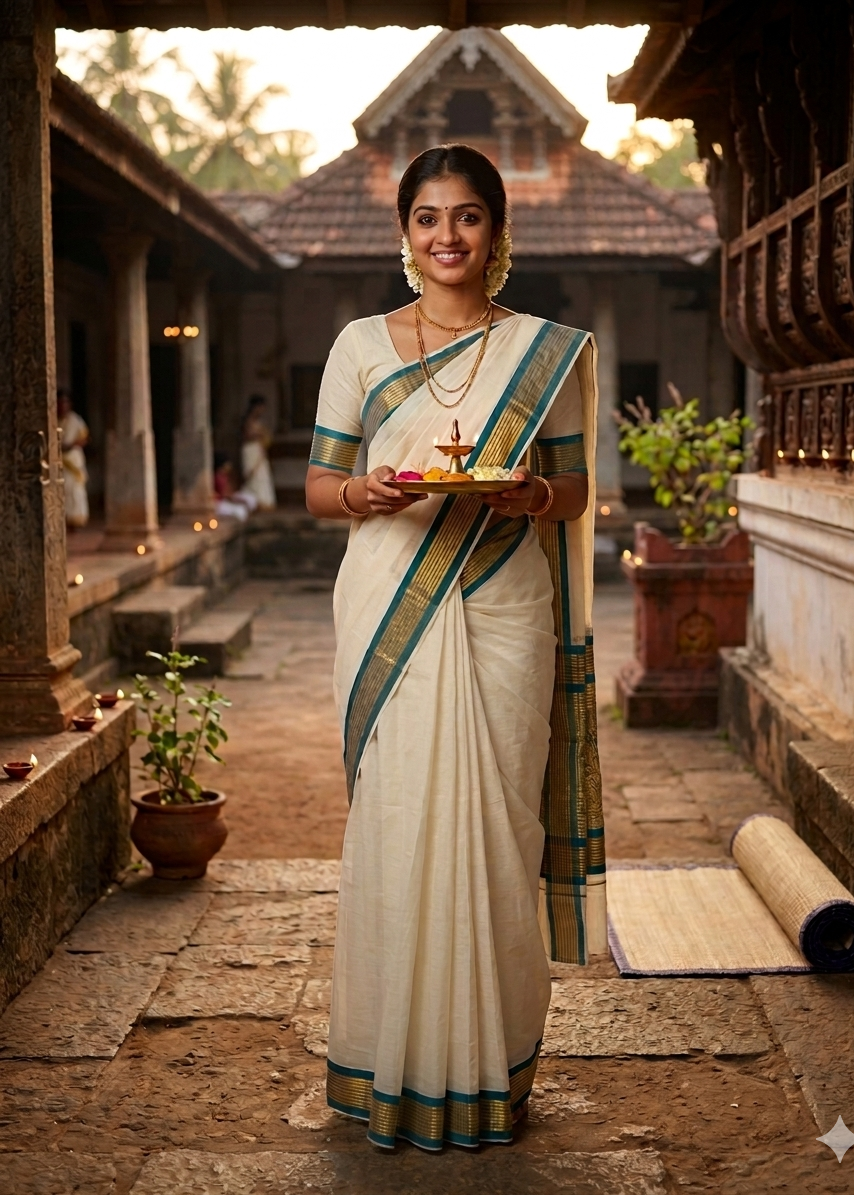 Kerala Cotton Saree With Green And Gold Lines On Border SL430