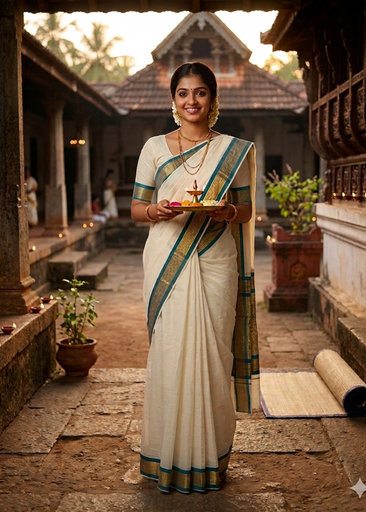 Kerala Cotton Saree With Green And Gold Lines On Border SL430