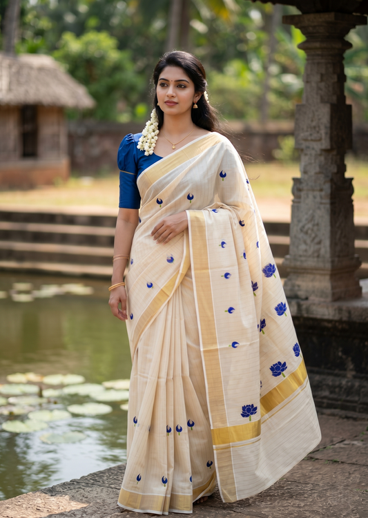 Southloom Kerala Tissue Kasavu Lines Saree with Blue Floral Embroidery Design on Body
