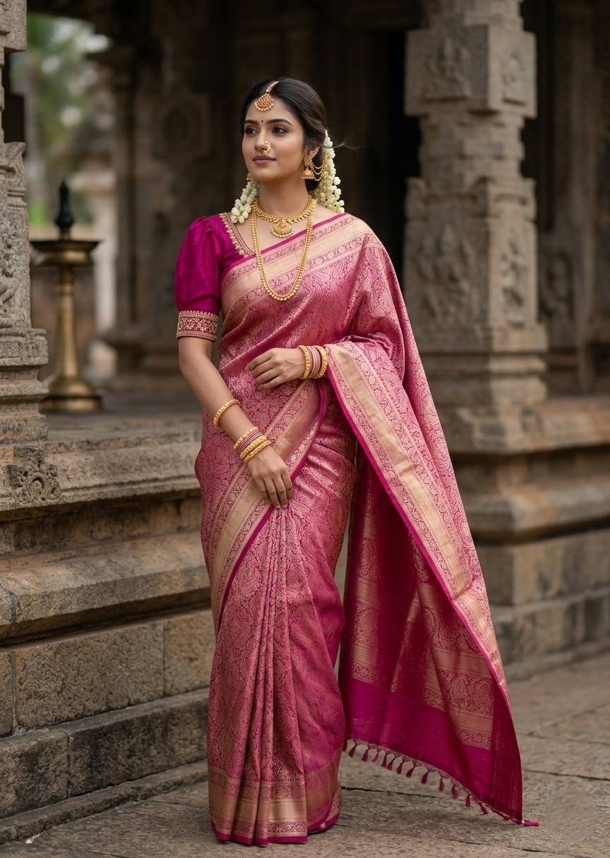 Southloom Pure Handloom Bridal Kanchipuram Silk Saree with Korvai Work (Magenta)