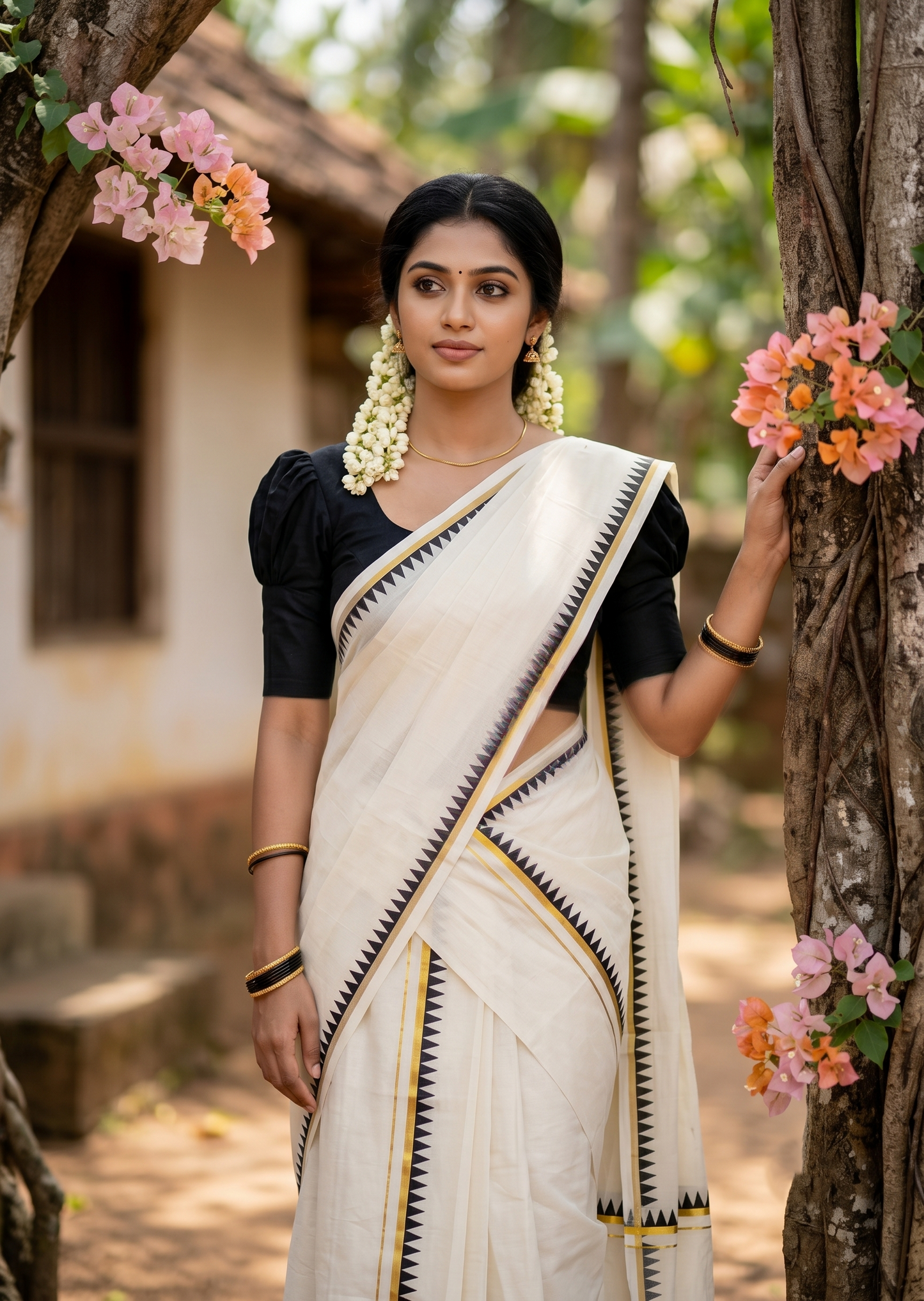 Southloom Pure Cotton Kerala Single Set Mundu (Mundum Neriyathum) with Temple Design in Black 2.80 Mtrs SLKK SL352