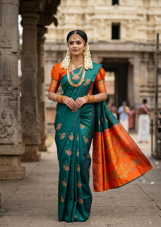 Southloom Pure Handloom Bridal Kanchipuram Silk Saree with Korvai Work (Green & Orange)