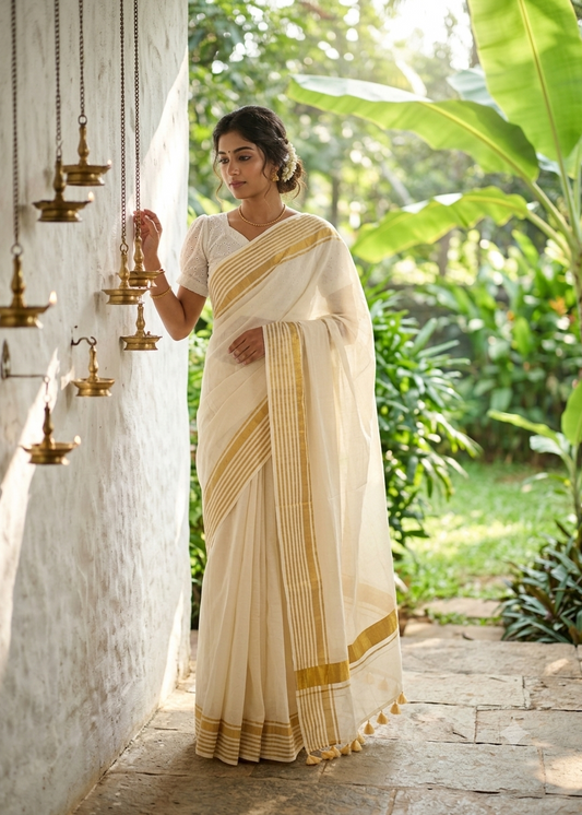 Kerala Mul Cotton Soft Fabric Saree In Golden Lines SL215