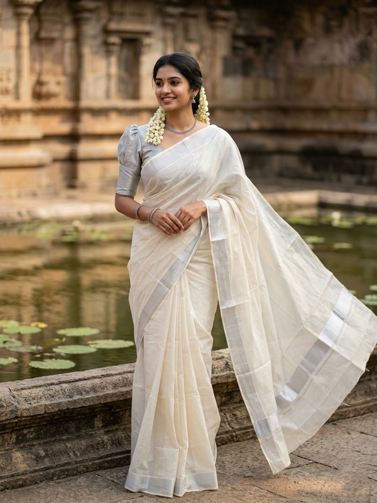 Southloom Silver Kasavu Tissue Plain Kerala Saree