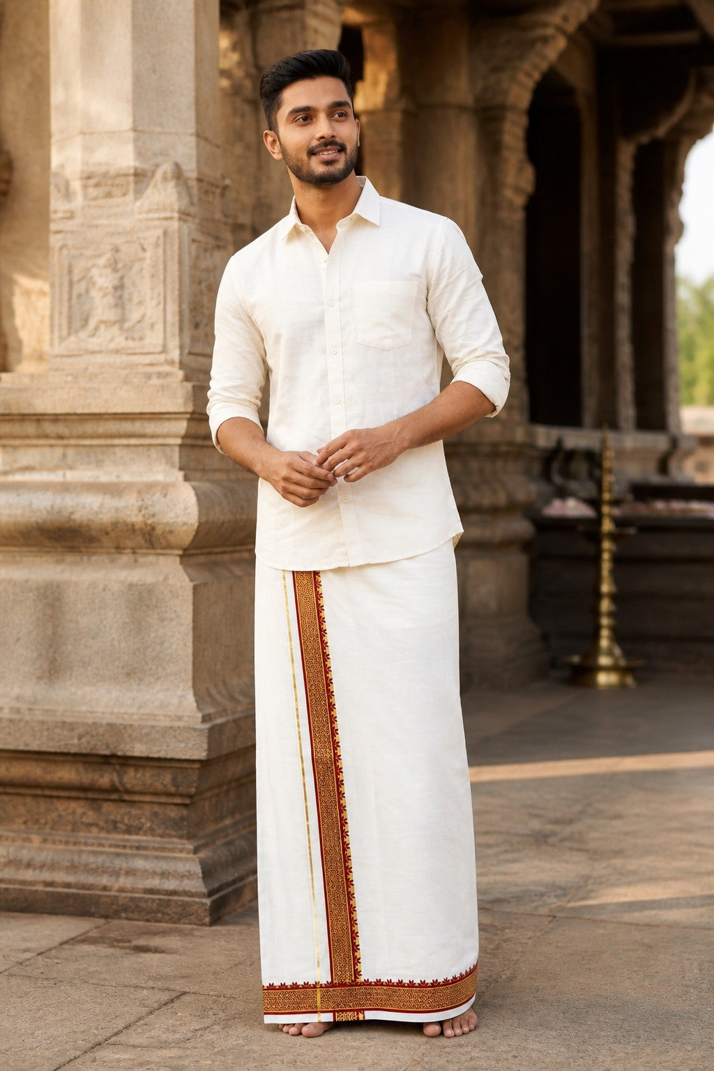 Southloom Kerala Pure Cotton Double Mundu with Maroon Printed and Kasavu Border (South Indian Dhoti)