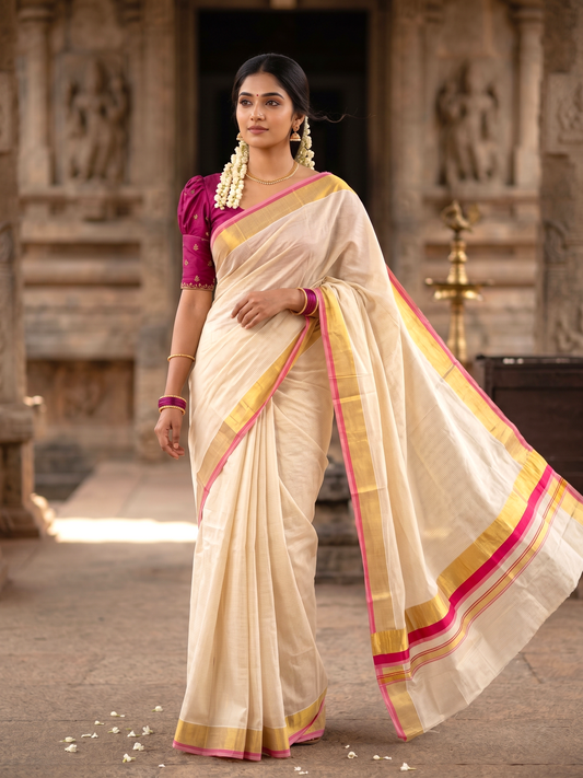 Southloom Kerala Cotton Kasavu Saree with Micro Check on Body In Pink And Magenta Border SL347