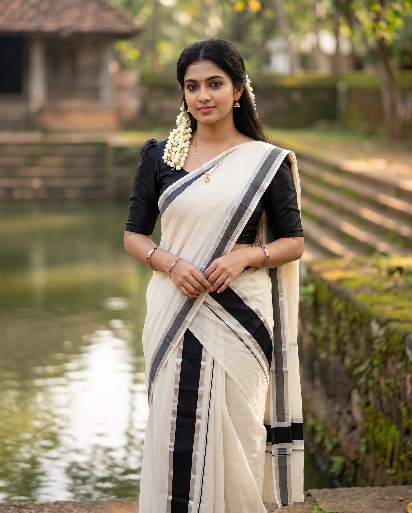 Kerala Cotton Mundum Neriyathum Single (Set Mundu) with Silver Kasavu and Black Border 2.80 Mtrs  SLKK SL470