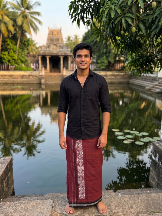 Southloom Maroon Printed Single Mundu / Otta Mundu / Lungi (South Indian Kerala Dhoti)