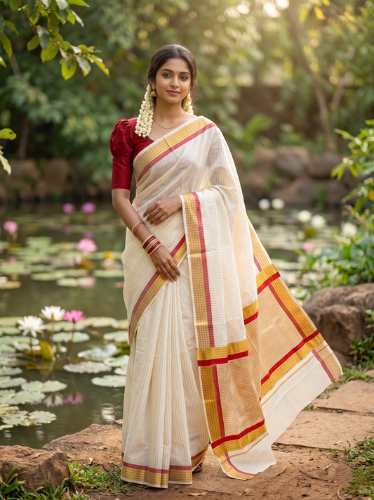 Southloom Kerala Pure Cotton Saree with Stripes on Body and Borders in Red SL334