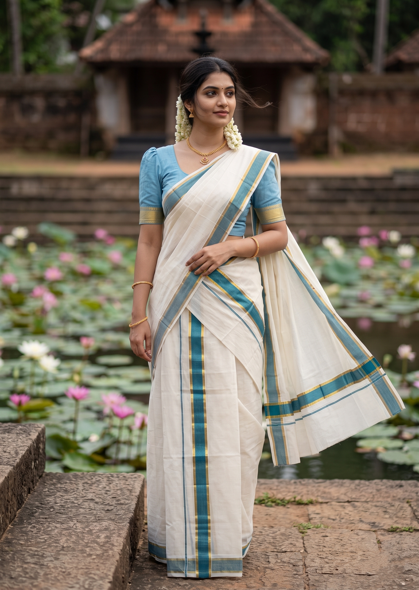 Southloom Pure Cotton Kerala Kasavu Set Mundu (Mundum Neriyathum) Kasavu & Blue Border in 2.80 Mtrs SLKK SL470