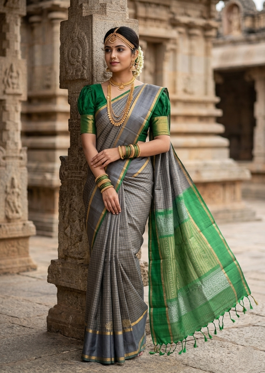 Southloom Pure Handloom Bridal Kanchipuram Silk Saree with Korvai Work (Grey& Green)