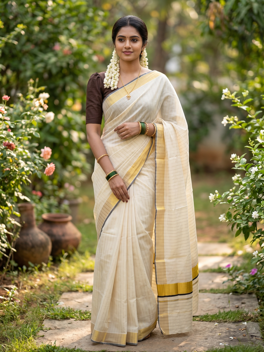 Southloom Kerala Tissue Kasavu Saree with Stripes on Body In Brown Border