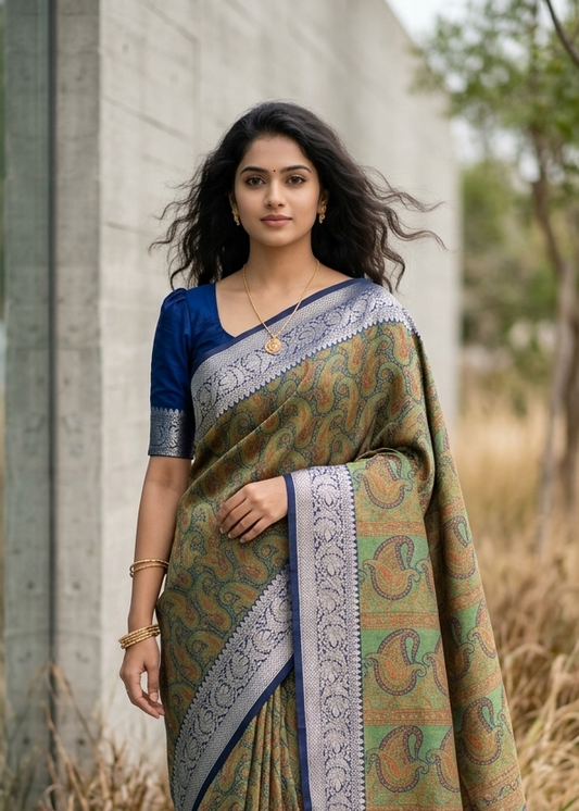 Southloom Resham Work Soft Cotton Banarasi Saree with Woven Work on Body and Borders