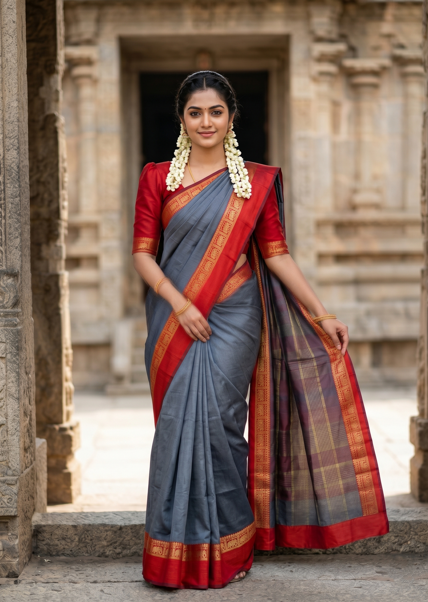 Southloom Kerala Semi Silk Narayan Pett Saree With Woven Work on the Boders With Grey