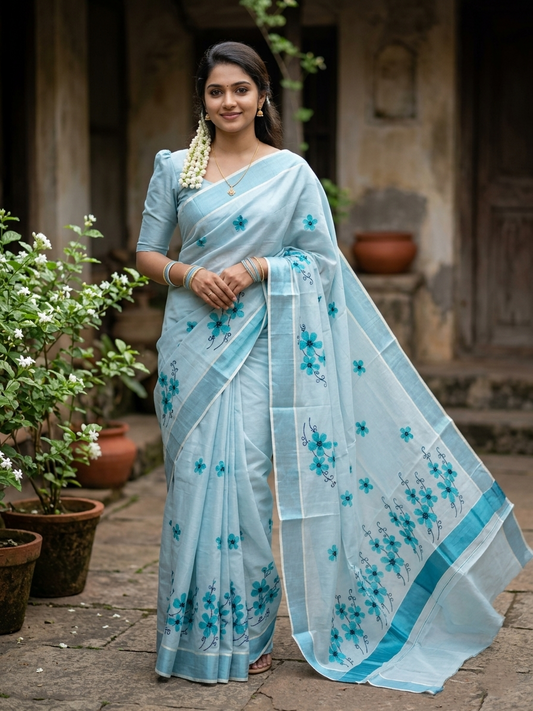 Southloom Kerala Tissue Kasavu Saree with Blue Floral Embroidery on Body and Border
