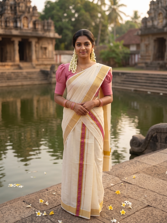 Southloom Kerala Pure Cotton Set mundu  (Mundum Neriyathum) with Pink Block Prints on Kasavu Border-2.80Mtrs SL426