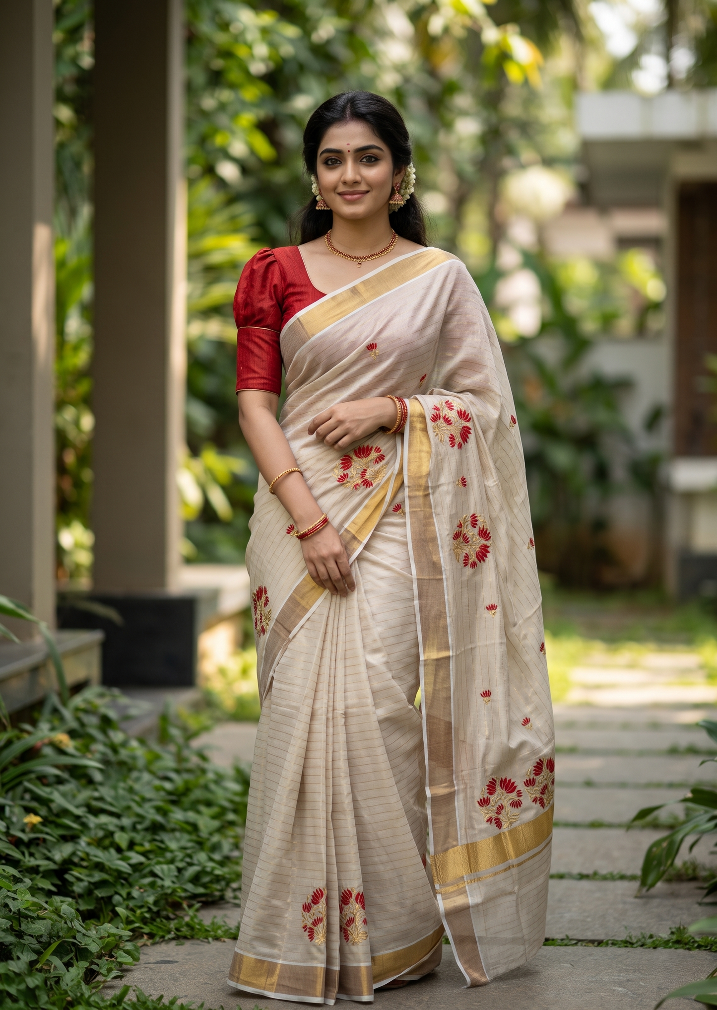 Southloom Kerala Tissue Kasavu Lines Saree with Red Floral embroidery work