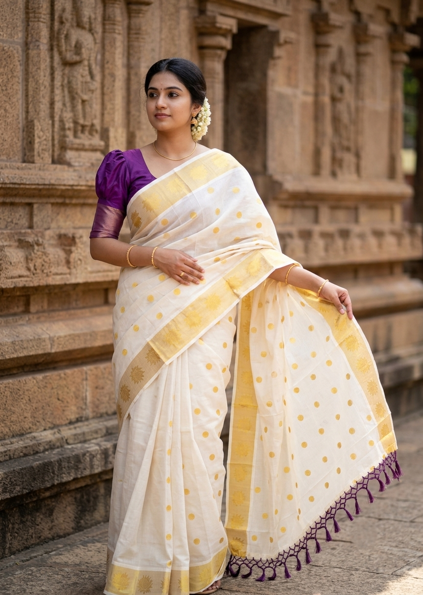 Southloom Kerala Cotton Kasavu Saree with Polka Woven Works on Body and Lotus Border with Purple Tassels SL513